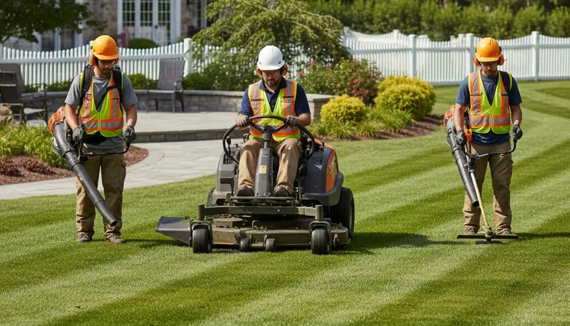 Tree service crew in Redmond, WA providing professional lawn and tree care for a commercial property