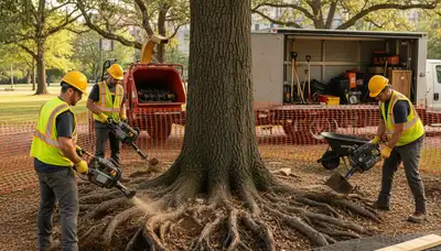 Tree service crew protecting roots in Redmond, WA for healthy trees and soil preservation