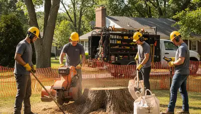 Stump removal crew in Redmond, WA clearing a stump from a lawn with professional equipment