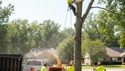 Tree removal crew in Redmond, WA safely removing a tree from a residential property