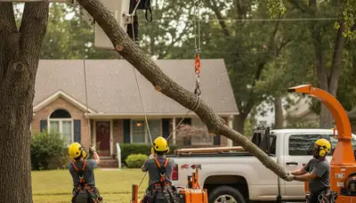 Tree removal crew in Redmond, WA safely removing a tree from a residential property