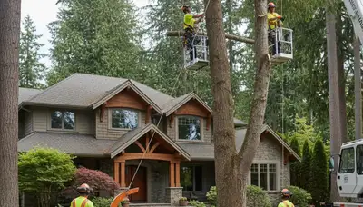 Tree service crew in Redmond, WA performing professional tree removal for a local business site