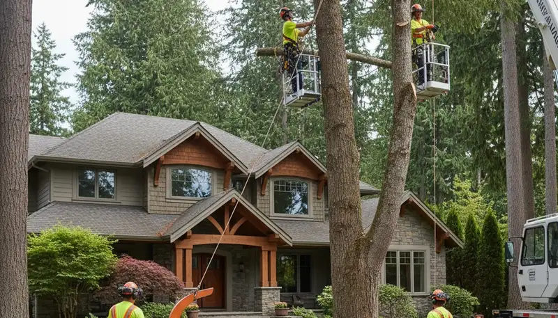 Tree service crew in Redmond, WA performing professional tree removal for a local business site