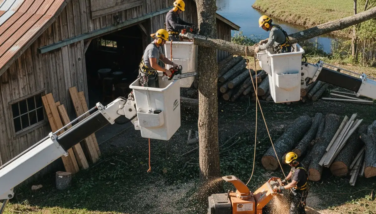 Tree service crew in Redmond, WA performing professional tree removal and trimming on a residential property